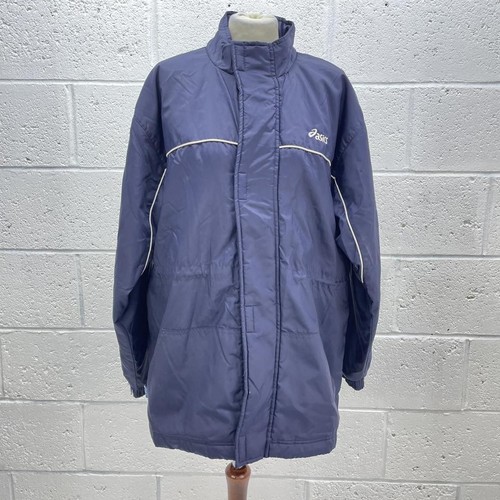 COACH ASICS NAVY VINTAGE CAPPOTTO IMBOTTITO GIACCA ALLENATORE OVERSIZE IMPERMEABILE CAPPUCCIO UK M