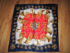 1989 SEOUL KOREA SILK SCARF - BUGLES AND TRUMPETS DESIGN - 34" X 33" - TUB OFCC - Picture 1 of 5