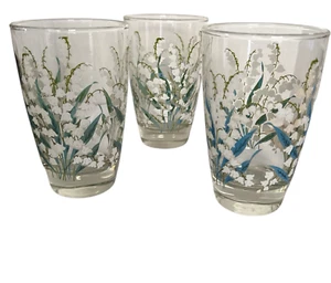 MCM Libbey Tumblers 🌼 Lily of the Valley 10oz Set 3 Vintage Barware Glasses - Picture 1 of 5