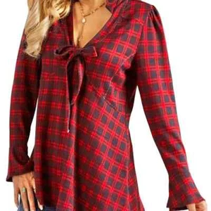 Susan Betro Buffalo Plaid Top Red & Navy V-neck Tie front Tunic NWT - Bild 1 von 3