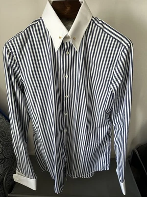 Camisa de vestir Poszetka para hombre azul a rayas de carnicero en contraste cuello alfiler 16 Foto 1 de 4