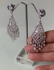 Dangle Drop CZ Chandelier Earrings Rhodium Plated Wedding Bridal NEW! - Picture 1 of 6