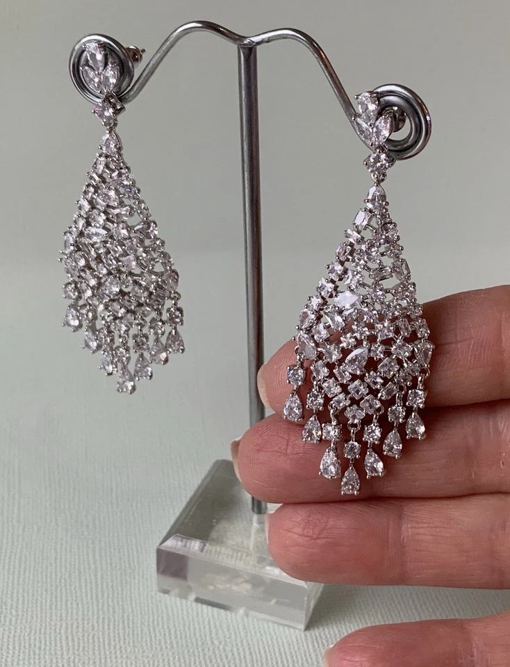 Brincos de lustre folheados a ródio folheados a ródio casamento noiva NOVO! - Imagem 1 de 4