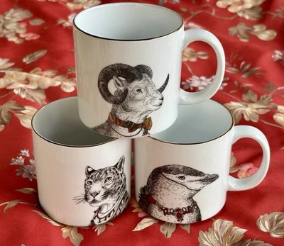 West Elm  Set Of 3 Animal Mugs By Rachel Kozlowski Ram Penguin Leopard Gold Trim - Image 1 of 4