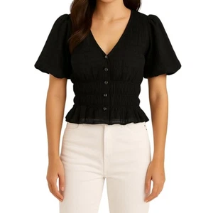 Blusa donna Lulus nera manica a sbuffo bottoni davanti vita smoked cropped taglia XS - Foto 1 di 13