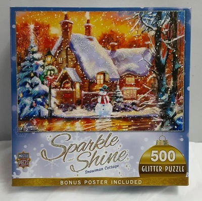 New 500 Piece MASTER PIECES Sparkle & Shine Snowman Cottage Glitter Puzzle - Image 1 of 4