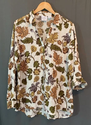 Nicole Mille Linen European Flax Shirt XL Earthy Floral Bird Button-up Roll-tab - Image 1 of 4