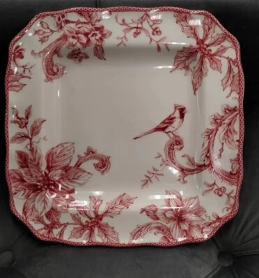 222 FIFTH 4 CHRISTMAS LANE DINNER PLATES SQUARE Red Toile Poinsettia Bird NEW - Image 1 of 4