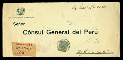 PERU 1934 OFFICIAL REGISTERED Consular MAIL cover w/ 50c  Sc# O30a to AUSTRALIA - Image 1 of 2