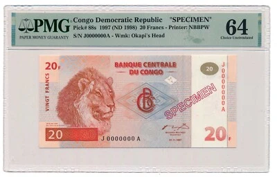 CONGO banknote 20 Francs 1997 Specimen PMG MS 64 Choice Uncirculated - Image 1 of 4