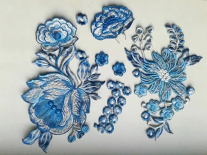 Fantasy Blue Flowers Handmade Embroidered Patch - Picture 1 of 2