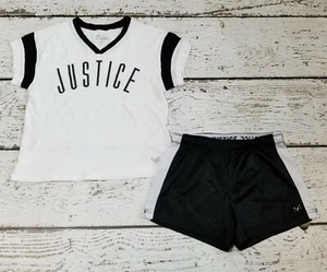 JUSTICE 10 12 Girls White Black V Neck Baseball Tee & Athletic Shorts DC-TT20 - Picture 1 of 4