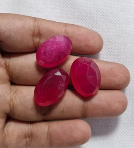 66.25 CARAT RED RUBY DYED GEMSTONE OVAL CABOCHON FACETED LOOSE 3 PIECE SET - Picture 1 of 9
