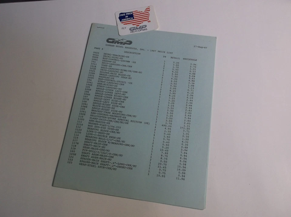 VINTAGE '87 GMP HELICOPTER PRICE LIST & DECAL 19 PAGES VALUABLE INFO *VG-COND* - Image 1 of 4