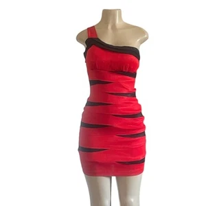 Colorblock Red One-Shoulder with Black Horizontal Stripes Sexy Party Dress S - Picture 1 of 5