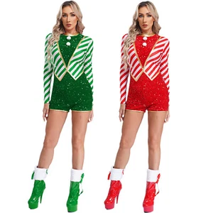 Women Christmas Sequins Costume Carnival Jumpsuit Stripes Performance Holiday - Picture 1 of 26