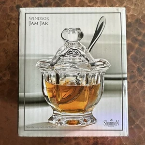 Godinger Windsor Clear Crystal Jam Jar w/ Lid & Stainless Spoon Shannon ☘️ 43957 - Picture 1 of 5
