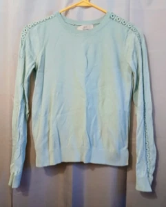 ANN TAYLOR LOFT Häkel Pullover Oberteil XS hellblau Ösen Muschelärmel Rundhals - Bild 1 von 8