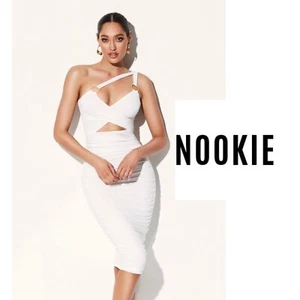 NEW Nookie Riley Ring Ivory Bodycon Stretch Midi Dress Sz Medium - Picture 1 of 12