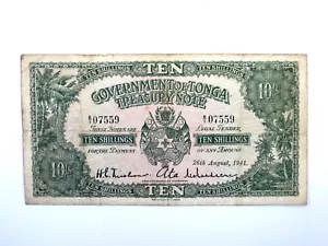 Rara banconota TONGA 1941 DIECI SCELLINI Bolletta Verde Tesoro Governatore 10/S 26.08.1941 - Foto 1 di 3