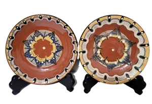 Redware Plates 7" Troyan Pottery Hand Painted Peacock Eye Bulgaria Set of 2 EUC - Picture 1 of 4