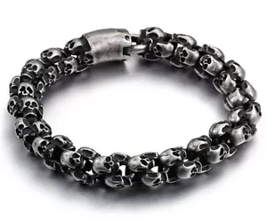 BLACKSTATIC Premium Men's Stainless Steel Skull Link Bracelet w/ Metal Gift Box - Picture 1 of 8