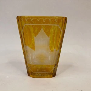 Antique Bohemian Yellow Cut to Clear Flat Spa Water Glass POWDER TOWER PRAGUE - Picture 1 of 5