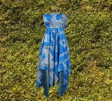 Women's Beach Sundress, Luxe Halter Dress, Blue Gray Bohemian Recycled Silk S/M