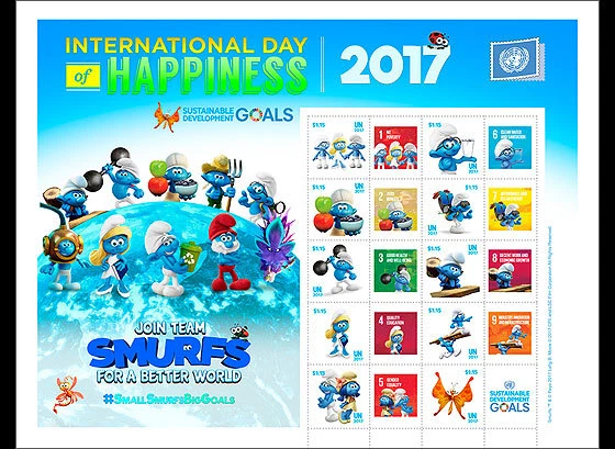united nations 2017 NY International Day Happines Smurfs Schtroumpfs Pitufo ms10 - Image 1 of 1