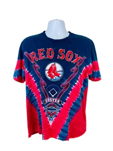 Vintage Boston Red Sox V Tie-Dye Double Sided Graphic Tee Shirt Size L Red Blue - Picture 1 of 6