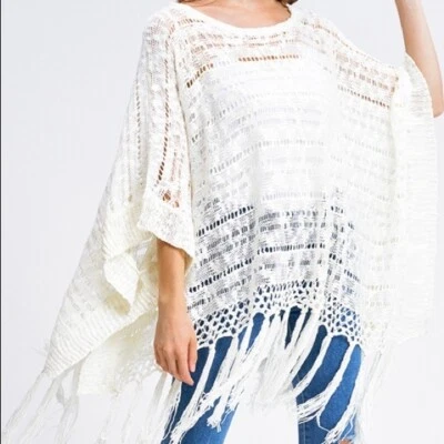 Пончо American Rag богемное с бахромой кисточки цвета слоновой кости M/L - Изображение 1 из 4