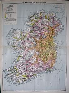 1934 Grand Carte ~ Irlande Politique & Chemin de Fer Temps Distance Zones Dublin