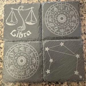 Libra Zodiaco Horóscopo Signo Pizarra Posavasos Grabado Láser Conjunto De 4/4 pulgadas X 4 pulgadas - Imagen 1 de 5