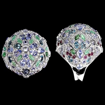 925 Sterling Silver Ring Pear Tanzanite Emerald Topaz Natural Gemstone Size 8 - Image 1 of 4