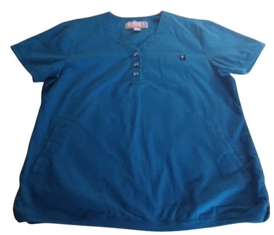 Koi by Kathy Peterson Turquoise Button Front Three Pocket Scrub Top L - Image 1 of 4