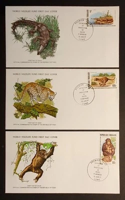 Togo Togolaise Stamps 1977 WWF Crocodile Leopard Chimp First Day Covers x 3 (w) - Image 1 of 2