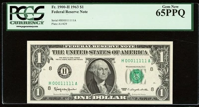 (( LOW # 00011111 )) True Binary Fancy serial number $1 PCGS 65 PPQ / non star / - Image 1 of 2