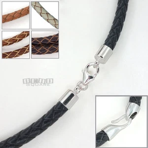 .925 Sterling Silver 5mm Round Braided Genuine Leather Cord Necklace / Bangle - Picture 1 of 14
