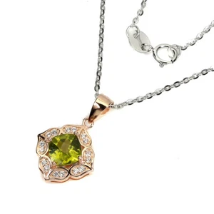 Unheated Cushion Green Peridot 6mm Simulated Cz 925 Sterling Silver Necklace 18i - Picture 1 of 10