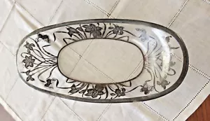 Antique OVERLAY STERLING SILVER OVAL PLATE Glass with Butterflies and Flowers - Picture 1 of 6