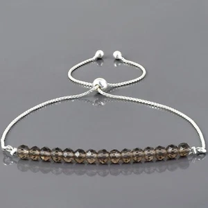 Brazalete deslizante ajustable con cadena Bolo de plata 925 con cuentas de cuarzo ahumado natural - Imagen 1 de 5