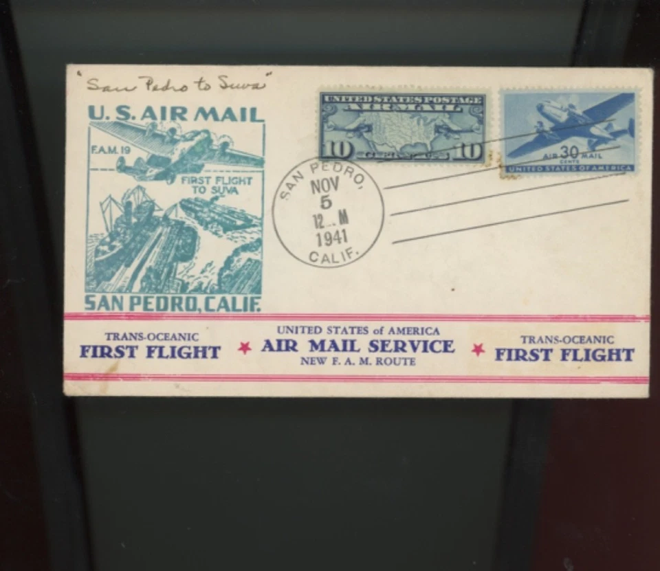 FFC 1941 VIA AIR MAIL FIRST FLIGHT COVER,  SAN PEDRO CA USA to SUVA FIJI (goo3 - Image 1 of 1