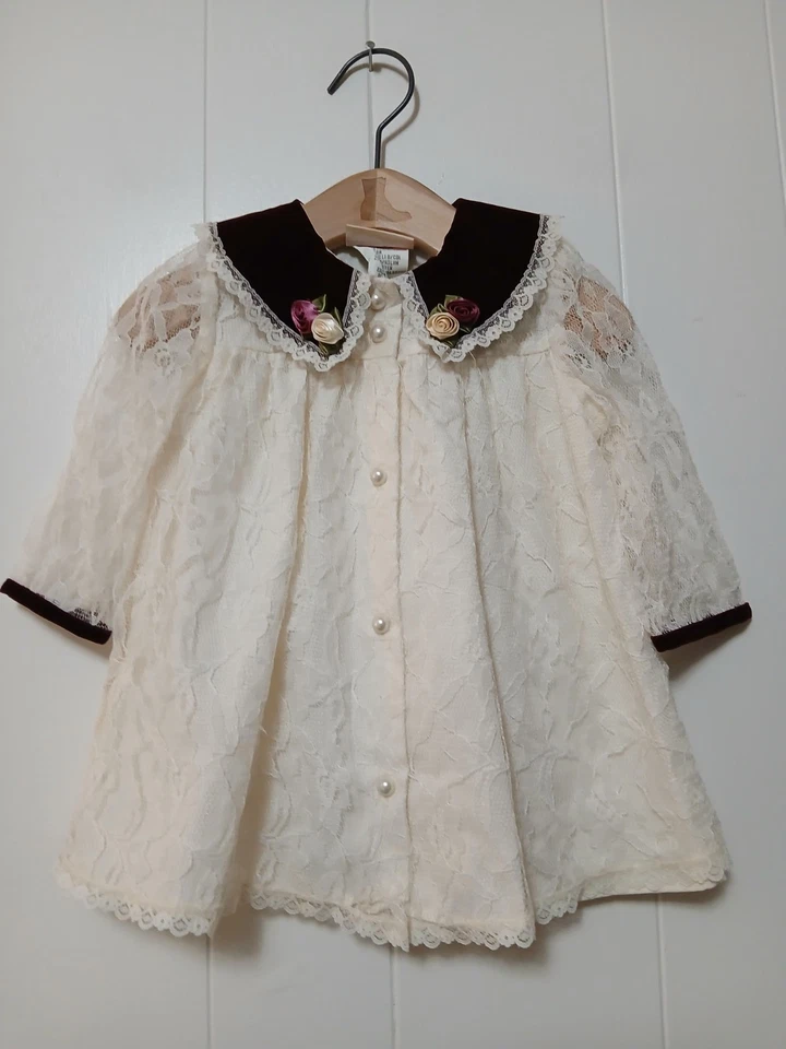 Vintage Little Precious Baby Dress 12 Months Rosettes Velour Lace Burgundy  - Image 1 of 4
