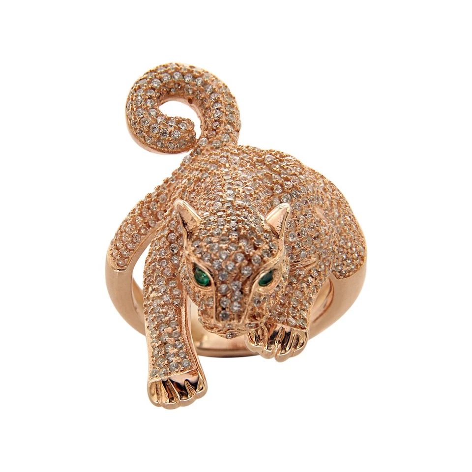 Anillo de pantera redondo de oro rosa de 14 quilates con esmeralda creada en laboratorio de 2,50 quilates para hombre talla 10 Foto 1 de 4