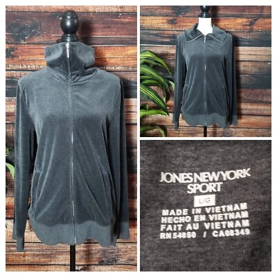 Jones New York Sport Jacket Large Full Zip Velour Sweatshirt Top Grey Pockets - Image 1 of 4