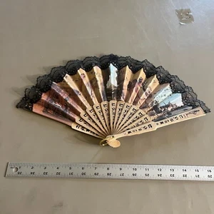 Vintage Wooden & Canvas & Lace Hand Fan Fold Up 1950-1960 Egyptian - Picture 1 of 7