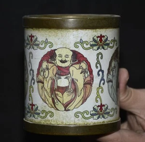 4" Qianlong Marked Copper Cloisonne Human Flower White Pen Container Brush Pot - Picture 1 of 8