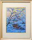 Evening winter scene. Original framed under glass oil on paper 11"x14" painting.