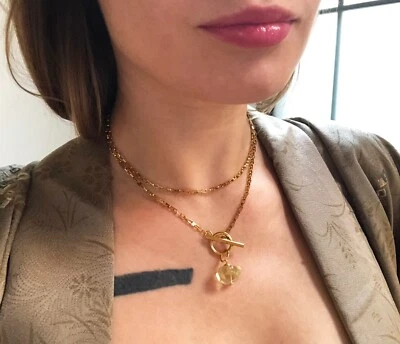 Collar colgante cuarzo limón largo, collar apilado dorado para mujer Foto 1 de 4