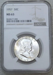 Medio dólar P Franklin 1957 NGC MS63 escarchado recién graduado nuevo soporte #M221F - Imagen 1 de 2